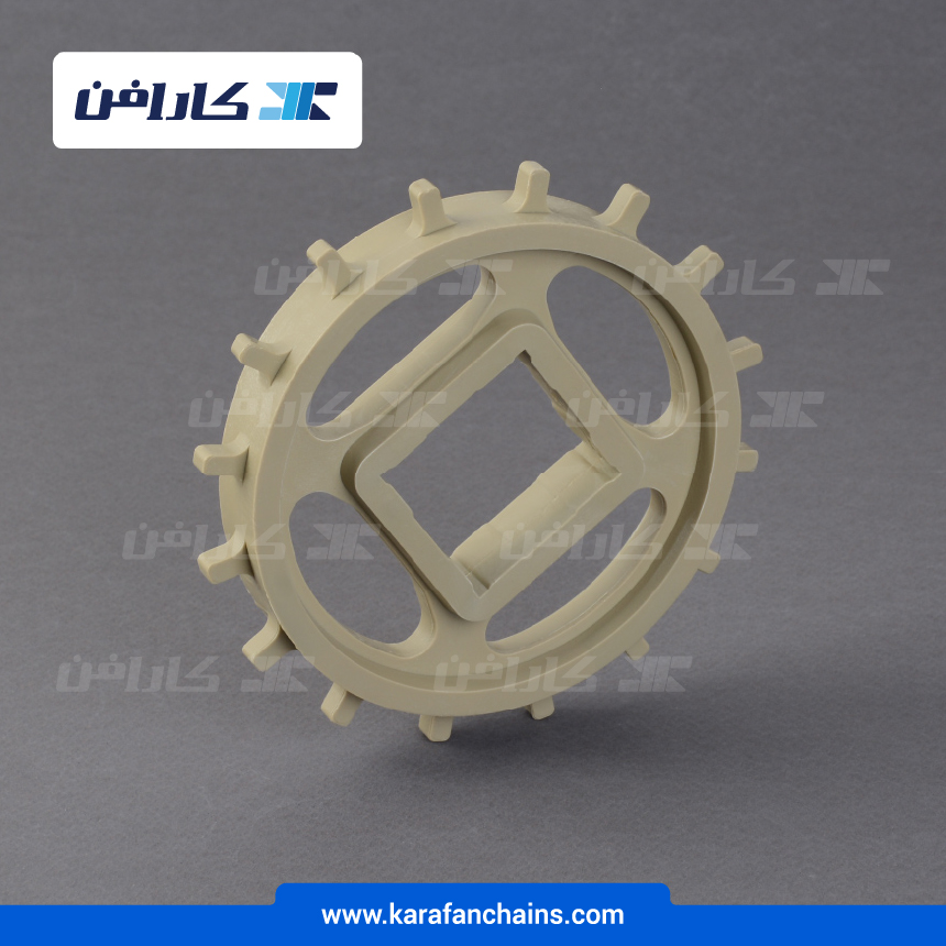چرخ زنجیر گام 1 اینچ 16 دندانه، قطر 127 میلیمتر با سوراخ 40x40 میلیمتر و ضخامت دنده 6 میلیمتر