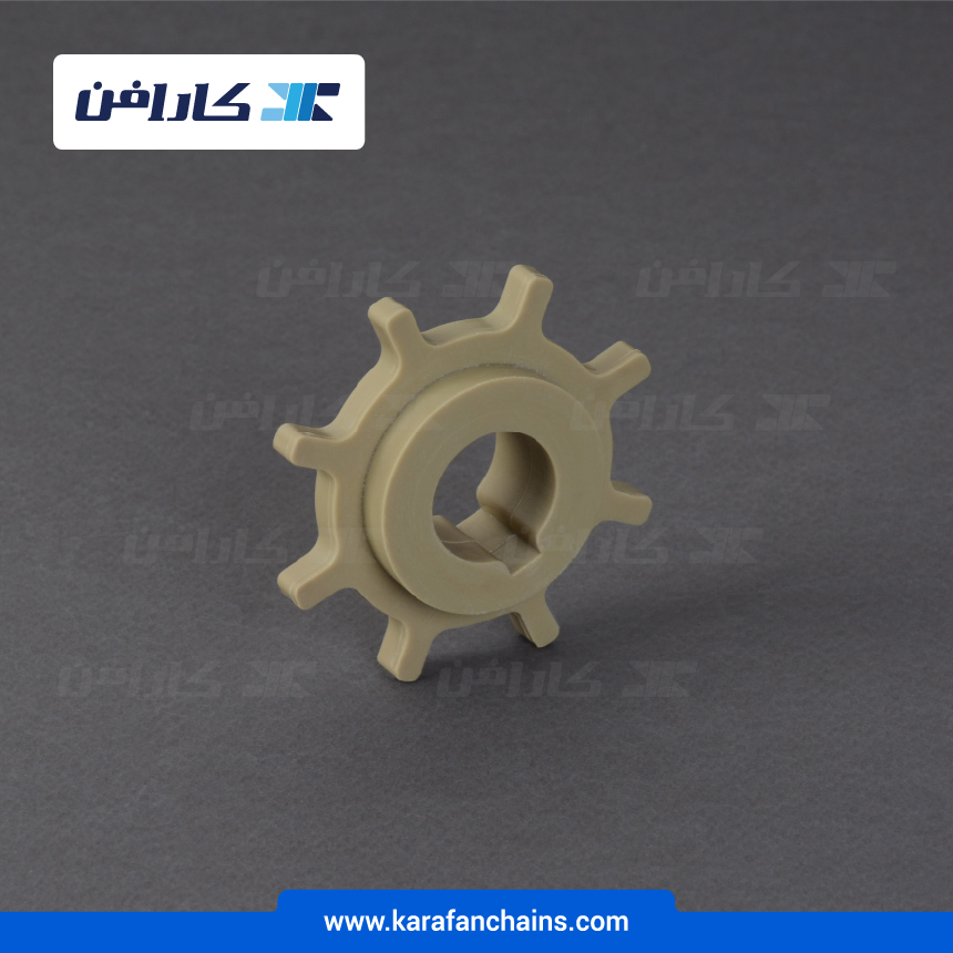 چرخ زنجیر گام 1 اینچ 8 دندانه، قطر 65 میلیمتر با سوراخ قطر 22 میلیمتر و ضخامت دنده 6 میلیمتر
