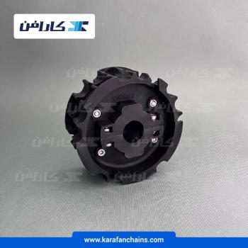 چرخ زنجیر گام 19.05 میلیمتر . 19 دندانه . قطر 117 میلیمتر با سوراخ شفت خام 25 میلیمتر و ضخامت سر دنده 53 میلیمتر - شیار دار دو تکه در کارافن